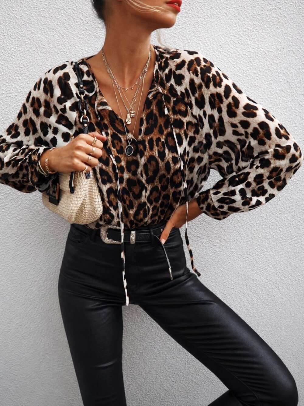WITCHERY Leopard Print Georgette Oversized Balloon Sleeve Blouse Top, Size 4/0
